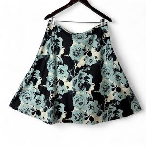 Romantic Blue Rose Floral Cotton Midi Skirt, Relaxed Fit Flare Talbots Size 12